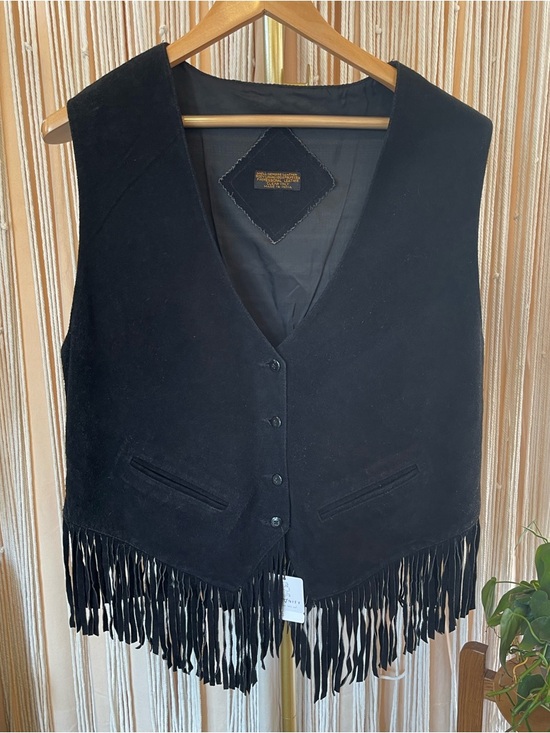 Vintage Other - Vintage black suede leather fringe vest with cotton Mexican Dobby fabric back